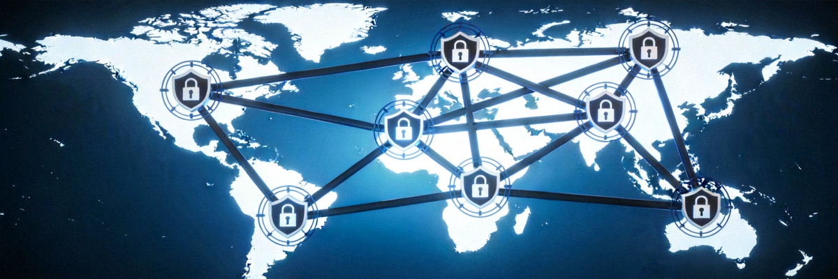 Ilustrasi akses internet global dengan simbol keamanan tinggi dan koneksi stabil