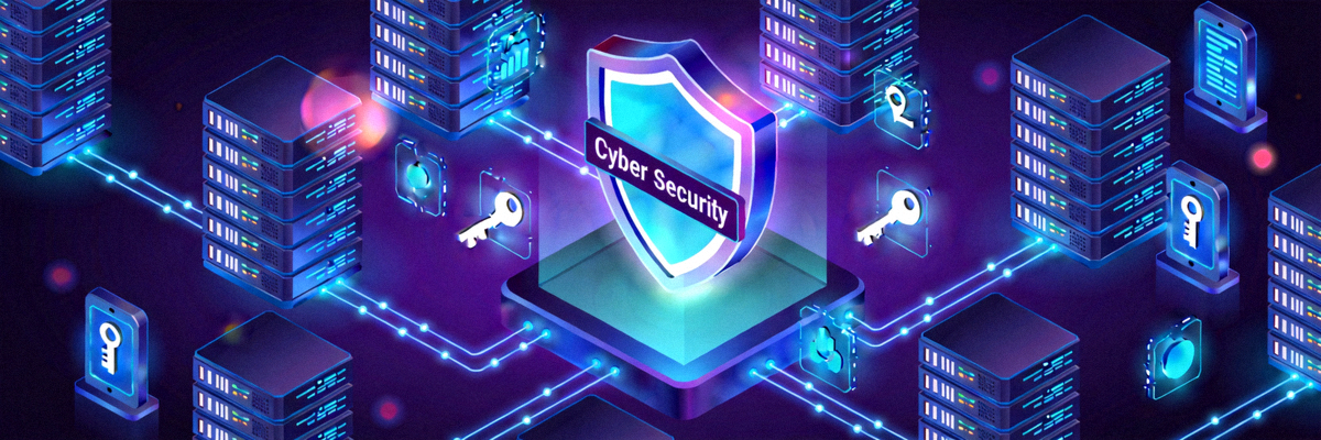 Ilustrasi jaringan server dan keamanan siber dengan simbol perisai dan kunci
