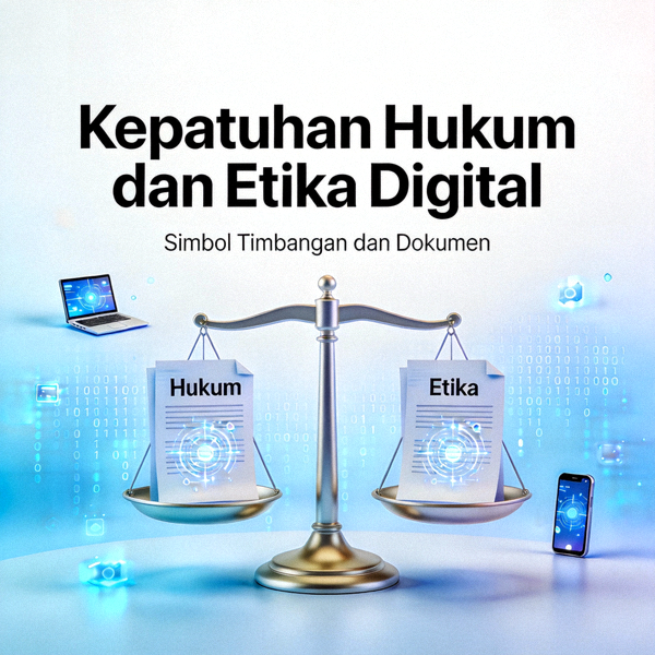 Ilustrasi kepatuhan hukum dan etika digital dengan simbol timbangan dan dokumen