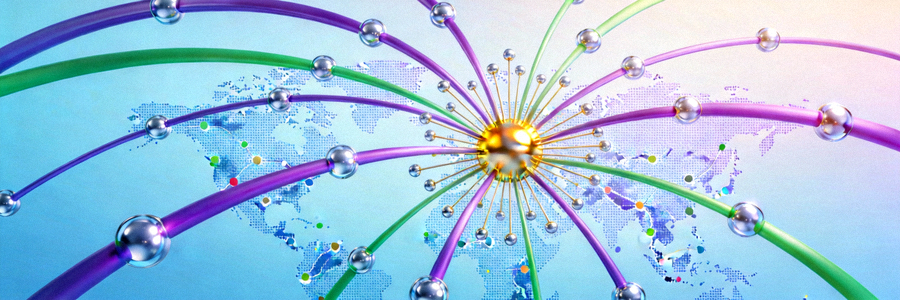 Ilustrasi konsep jaringan dan konektivitas global dengan node yang saling terhubung