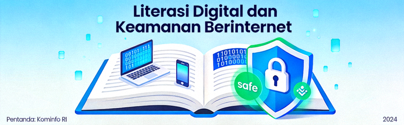 Ilustrasi literasi digital dan keamanan berinternet dengan simbol buku dan perisai