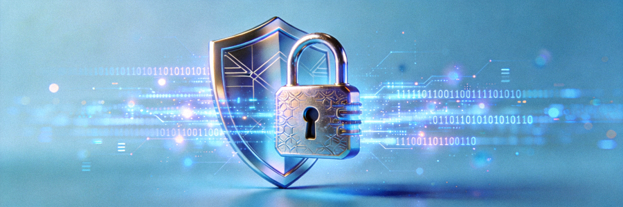 Ilustrasi proteksi data dan privasi online dengan simbol gembok dan perisai