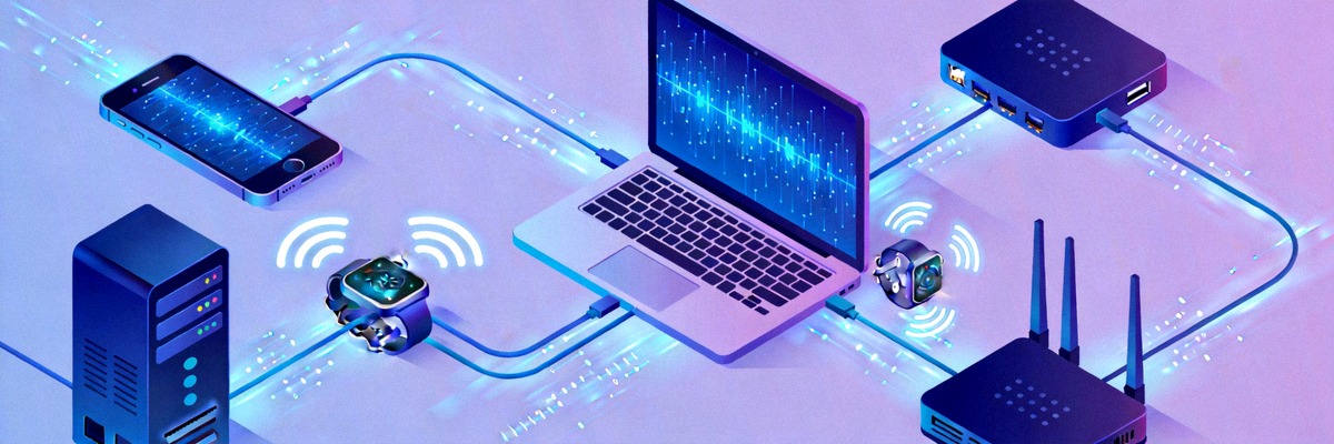 Ilustrasi teknologi informasi dan komunikasi modern dengan perangkat yang terhubung