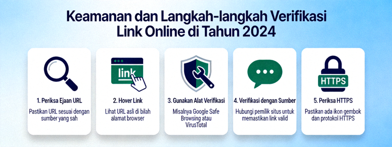 Ilustrasi infografis mengenai keamanan dan langkah-langkah verifikasi link online di tahun 2024