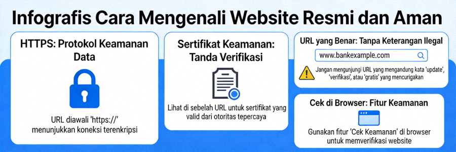 Infografis cara mengenali website resmi dan aman dengan ciri-ciri seperti HTTPS dan sertifikat keamanan
