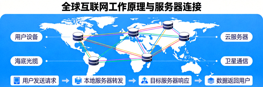 Ilustrasi cara kerja jaringan internet global dan konektivitas server
